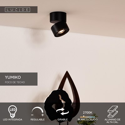 Lucide YUMIKO - Foco de techo - Ø 7,8 cm - LED Regul. - 1x10W 2700K - Negro